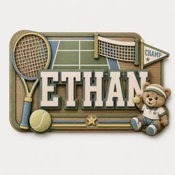 May include: A rectangular wooden wall sign featuring the name ETHAN in large cream-colored letters. The design includes a tennis racket, a tennis ball, a net, a small pennant flag labeled CHAMP, and a teddy bear wearing a tennis visor and outfit.
