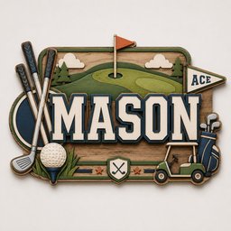 May include: A layered wooden wall sign featuring the name MASON in large block letters. The design includes a golf course scene with a green, flag, trees, clouds, two crossed golf clubs, a golf ball on a tee, a golf cart, and an ACE pennant.