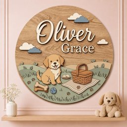 May include: A circular wooden wall sign featuring the names Oliver and Grace in raised lettering. The design includes a light brown puppy, a picnic basket, cookies, a blue ball, and bones on a grassy field with clouds in the sky above.