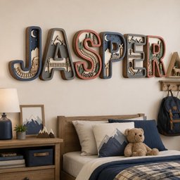 May include: A set of large, multi-layered wooden wall letters spelling the name JASPER. Each letter features intricate, laser-cut scenes including trains, railroad tracks, mountains, trees, and night skies in shades of blue, red, and cream.