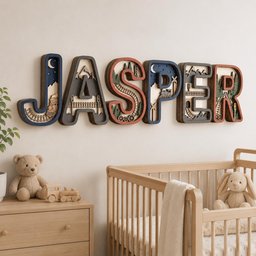 May include: A multi-layered wooden wall sign spelling the name JASPER, featuring intricate cutouts of trains, tracks, mountains, and trees within each letter. The design uses a color palette of navy blue, dark gray, cream, and terracotta accents.