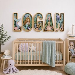 May include: A set of five wooden wall letters spelling the name LOGAN, each featuring a hollow interior filled with miniature 3D ocean-themed decorations including a mermaid, a castle, a seahorse, a jellyfish, seashells, and aquatic plants.