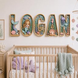 May include: A set of five wooden wall letters spelling LOGAN, each featuring a unique underwater scene with a mermaid, a castle, a seahorse, a jellyfish, and various sea life elements like shells, starfish, and coral in pastel colors.