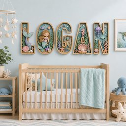 May include: A set of five wooden wall letters spelling the name LOGAN, each featuring a layered 3D underwater scene with a mermaid, a castle, a seahorse, a jellyfish, and various sea life elements in shades of blue, pink, and green.