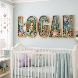 May include: A set of five wooden wall letters spelling LOGAN, featuring a layered underwater theme with a mermaid, castle, seahorse, jellyfish, and seashells in pastel colors. Each letter is framed in wood and contains detailed aquatic motifs.