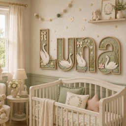 May include: Four large, light-colored wooden letters spelling LUNA, each featuring a three-dimensional white swan, green lily pads, and small floral accents. The letters are mounted on a wall above a white crib with decorative pillows.