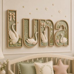 May include: A set of four wall-mounted wooden letters spelling LUNA, each featuring a sage green interior with white swan figures, cream-colored bows, small stars, and floral accents. The letters are framed in light wood and mounted on a wall.