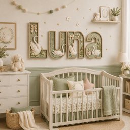 May include: A set of four large, three-dimensional wooden wall letters spelling LUNA, each featuring a white swan, green foliage, and small bows. The letters are mounted on a wall above a white wooden crib with green and white bedding.