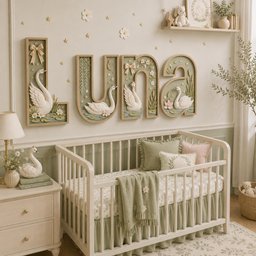 May include: Four large, dimensional wall letters spelling LUNA, each featuring a white swan, green foliage, and small flowers. The letters are framed in light wood and mounted above a white wooden crib with sage green bedding and a matching throw.