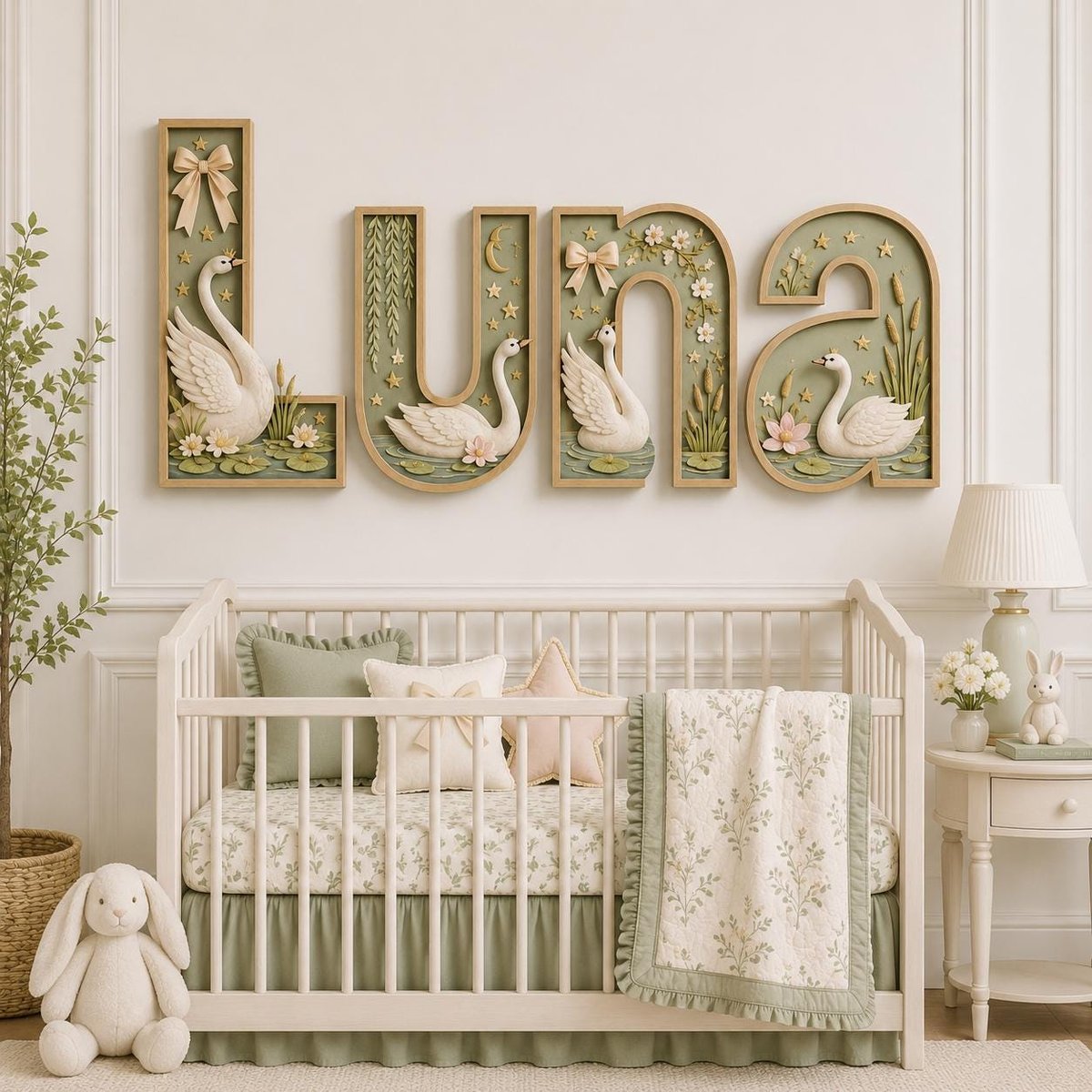 May include: Four large, dimensional wall letters spelling LUNA, crafted in a sage green tone with light wood frames. Each letter features sculpted white swans, small stars, bows, and floral elements, creating a cohesive, nature-inspired wall decor set.