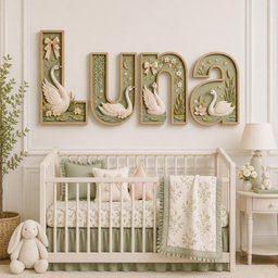 May include: Four large, dimensional wall letters spelling LUNA, crafted in a sage green tone with light wood frames. Each letter features sculpted white swans, small stars, bows, and floral elements, creating a cohesive, nature-inspired wall decor set.