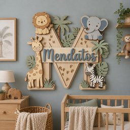 May include: A large wooden wall decoration shaped like the letter M, featuring a jungle theme with a lion, giraffe, elephant, and zebra. The name Mendatos is written in blue script across the center, surrounded by palm leaves and animal tracks.