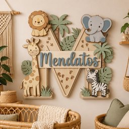 May include: A large wooden wall sign shaped like the letter M, featuring the name Mendatos in blue script. The sign is decorated with layered wooden cutouts of a lion, a giraffe, an elephant, and a zebra, along with green palm leaves and animal tracks.