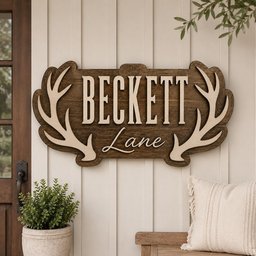 May include: A rectangular wooden wall sign with a dark brown finish featuring the text Beckett Lane in light-colored raised lettering. The sign is framed by two light-colored deer antler shapes on the left and right sides of the board.