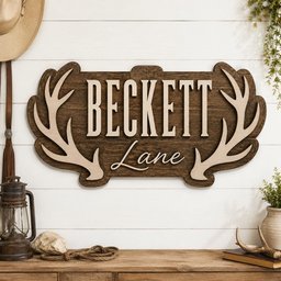 May include: A rectangular wooden wall sign with a dark brown stained finish featuring the text "BECKETT" in large, light-colored block letters and "Lane" in a cursive script below, flanked by two light-colored, symmetrical deer antler cutouts.
