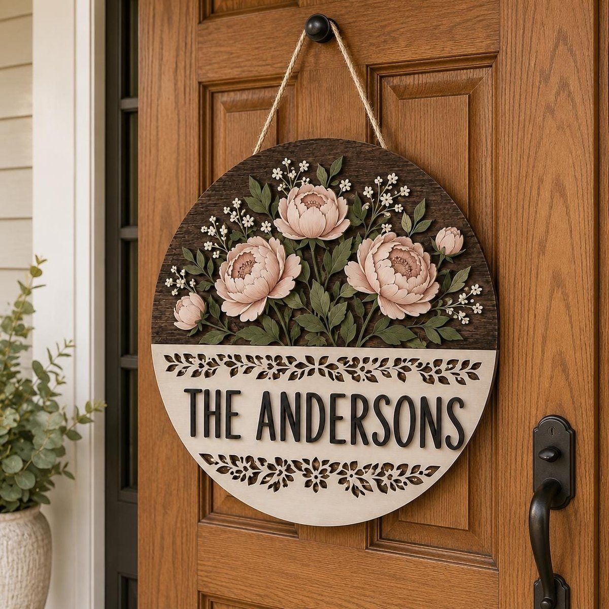 May include: A circular wooden door sign featuring a dark brown top half with layered, three-dimensional light pink peony flowers and green leaves. The bottom half is cream-colored with the black text THE ANDERSONS and decorative cut-out borders.