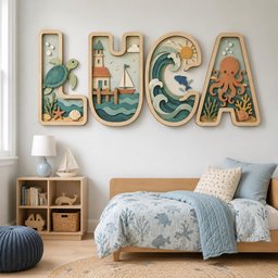 May include: Four large, layered wooden wall letters spelling LUCA, featuring nautical scenes with a sea turtle, lighthouse, sailboat, ocean waves, sun, and octopus. Each letter is crafted with depth, showcasing marine life and coastal elements in shades of blue, green, and tan, mounted on a wall above a bed.