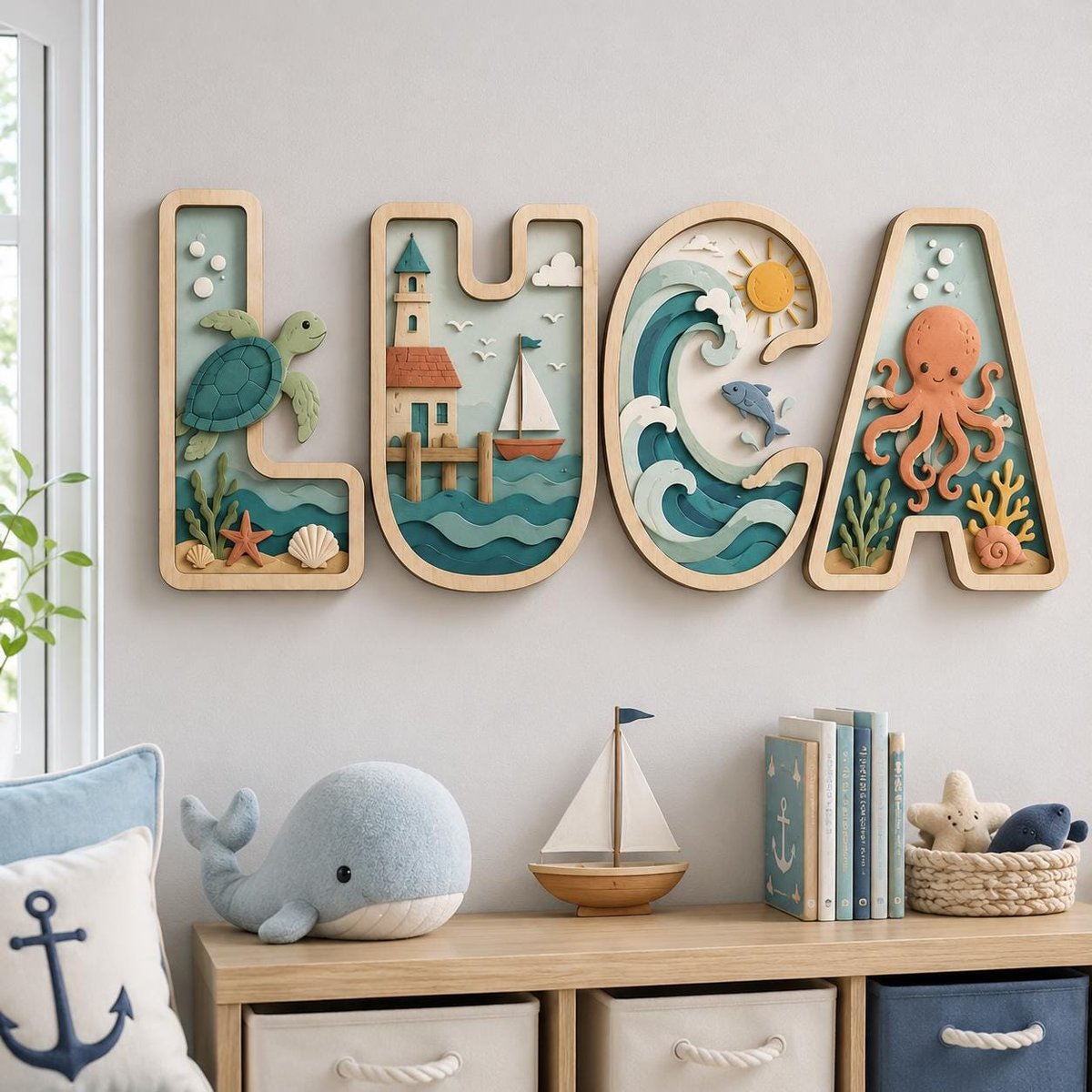 May include: A set of four wooden wall letters spelling LUCA, each featuring layered nautical scenes including a sea turtle, a lighthouse with a sailboat, ocean waves with a sun, and an octopus with coral, all in shades of blue, green, and orange.