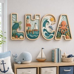 May include: A set of four wooden wall letters spelling LUCA, each featuring layered nautical scenes including a sea turtle, a lighthouse with a sailboat, ocean waves with a sun, and an octopus with coral, all in shades of blue, green, and orange.