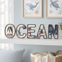 May include: A set of five freestanding wooden letters spelling the word OCEAN. Each letter features layered nautical cutouts including a sailboat, anchor, ship wheel, lighthouse, and waves in shades of navy blue, cream, red, and light blue.
