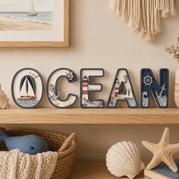 May include: Five decorative wooden letters spelling the word OCEAN, each featuring intricate nautical cutouts including a sailboat, lighthouse, anchor, ship wheel, and seahorse in shades of navy blue, cream, and red on a wooden shelf.