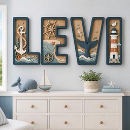 May include: Four large, three-dimensional wall letters spelling LEVI, featuring nautical themes including an anchor, ship wheel, compass, whale tail, and lighthouse. Each letter has a dark blue frame and light wood-toned interior panels.