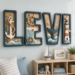 May include: Four large, dark blue framed wooden letters spelling LEVI, each containing nautical 3D cutouts. The L features an anchor and rope, the E a ship wheel and map, the V a whale tail and waves, and the I a lighthouse and seagull.