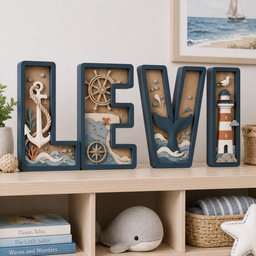 May include: Four wooden letters spelling LEVI, each featuring a nautical theme. The L contains an anchor and rope, the E a ship wheel and compass, the V a whale tail in waves, and the I a lighthouse with a bird, all in blue, white, and tan.