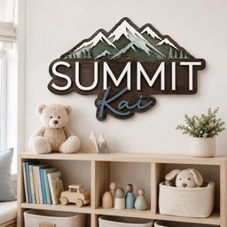 May include: A wall-mounted wooden sign featuring a layered mountain range design in shades of white, gray, and dark green. The sign displays the word SUMMIT in large white capital letters, with the name Kai in blue script lettering below it.