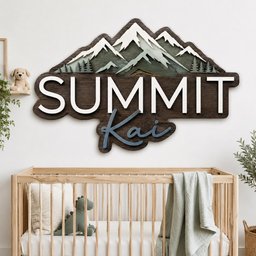 May include: A layered wooden wall sign featuring a mountain range with white snow-capped peaks and dark green pine trees. The sign displays the word SUMMIT in large white block letters and the name Kai in a blue cursive script font below it.