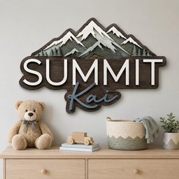 May include: A layered wooden wall sign featuring a mountain range with white snow-capped peaks above dark wood panels. The sign displays the word SUMMIT in large white block letters and the name Kai in blue cursive script below the mountain.