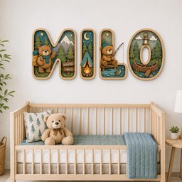 May include: A set of wooden wall letters spelling MILO, featuring a camping theme with bears, mountains, a tent, a campfire, and a canoe. Each letter is framed in wood and contains detailed illustrations of forest scenes and outdoor gear.