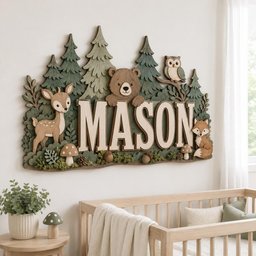 May include: A layered wooden wall sign featuring the name MASON in large white letters. The design includes a brown bear, a deer, an owl, and a fox surrounded by green pine trees, small mushrooms, and pinecones in shades of brown and green.