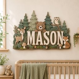 May include: A layered wooden wall sign featuring the name MASON in large white letters. The design includes a brown bear, a deer, an owl, and a fox nestled among green pine trees, mushrooms, and acorns in a forest-themed woodland scene.