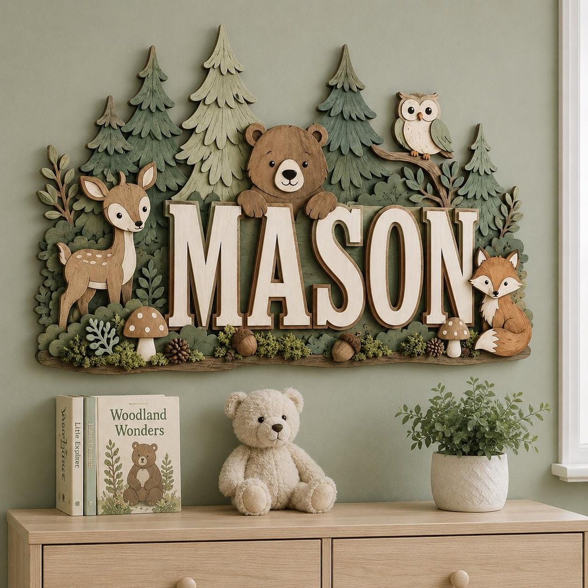 May include: A layered wooden wall sign featuring the name MASON in large white letters, surrounded by a forest scene with a brown bear, a deer, an owl, and a fox. The design includes green pine trees, small mushrooms, and acorns in earthy tones.
