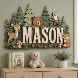May include: A layered wooden wall sign featuring the name MASON in large white letters, surrounded by a forest scene with a brown bear, a deer, an owl, and a fox. The design includes green pine trees, small mushrooms, and acorns in earthy tones.