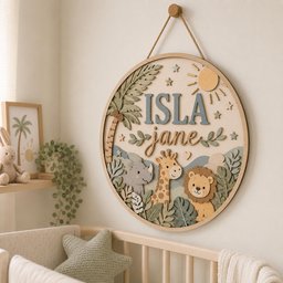 May include: A circular wooden wall sign featuring the name ISLA jane in raised lettering. The design includes layered cutouts of a palm tree, a sun, stars, and safari animals including a rhinoceros, a giraffe, and a lion amidst foliage.