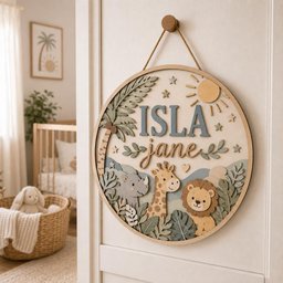 May include: A circular wooden wall sign featuring the name ISLA jane in raised lettering. The design includes layered cutouts of a palm tree, a sun, stars, and cartoon animals including a rhinoceros, a giraffe, and a lion amidst foliage.