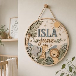 May include: A circular wooden wall sign featuring the name ISLA jane in raised lettering. The design includes a palm tree, a sun, stars, and layered cutouts of a rhinoceros, a giraffe, and a lion surrounded by various tropical foliage.