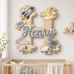 May include: A large wooden letter H wall decoration featuring a space theme with a rocket, planet, moon, clouds, stars, and an astronaut. The name Henry is written in blue script across the center of the letter in a layered wood design.