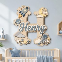 May include: A large wooden letter H wall decoration featuring space-themed cutouts including a rocket, a planet, a crescent moon, clouds, stars, and an astronaut. The name Henry is written in a blue script font across the center of the letter.