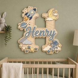 May include: A large wooden letter H wall decoration featuring a space theme with a rocket, planet, crescent moon, stars, clouds, and an astronaut. The name Henry is written in blue script across the center of the letter in a layered design.