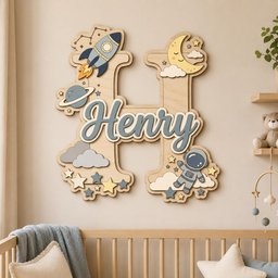 May include: A large wooden letter H wall decoration featuring space-themed cutouts including a rocket, planet, moon, clouds, stars, and an astronaut. The name Henry is written in a script font across the center of the letter in blue and white.