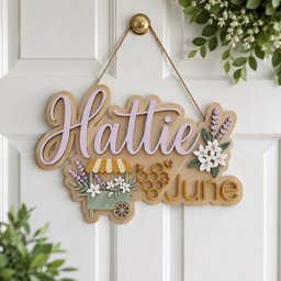 May include: A wooden wall sign featuring the name Hattie and the month June in raised lettering. The design includes a light green flower cart with yellow and white stripes, purple lavender, white flowers, a golden honeycomb, and small bees.