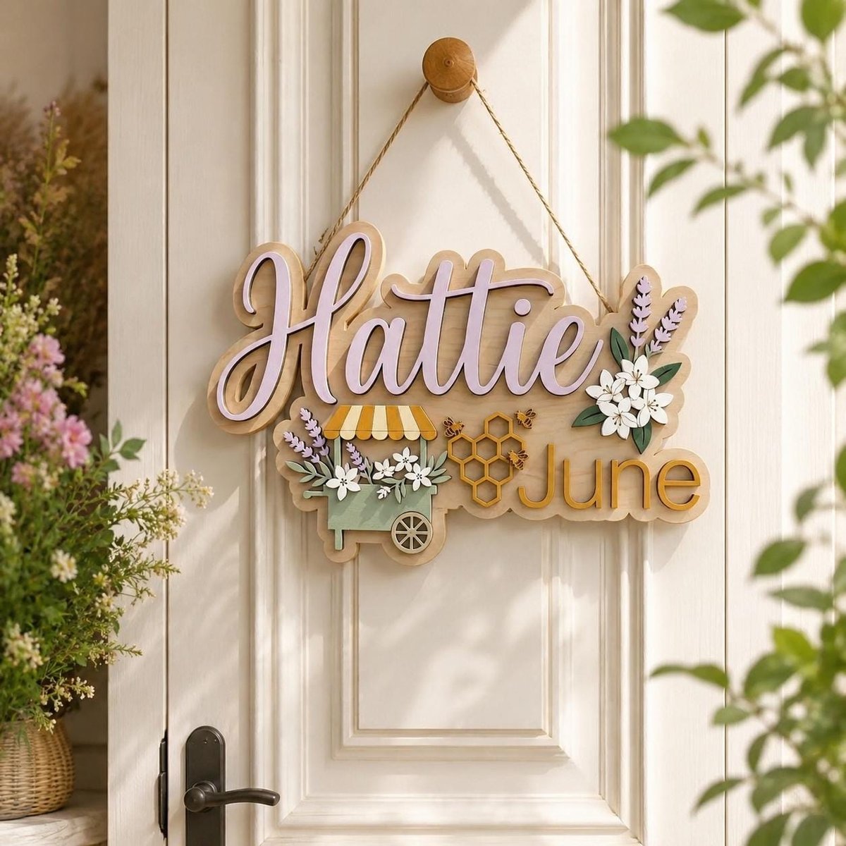 May include: A wooden wall sign featuring the name Hattie in light purple script and the name June in gold block letters. The sign includes a light green flower cart, a yellow and white striped awning, a honeycomb pattern, and white flowers.