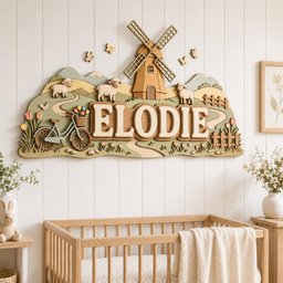 May include: A multi-layered wooden wall sign featuring the name ELODIE in large, raised letters. The scene depicts a landscape with a windmill, three sheep, a bicycle with a flower basket, rolling hills, butterflies, and a wooden fence.