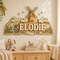 May include: A wooden wall sign featuring the name ELODIE in large, raised letters. The design includes a windmill, three sheep, a bicycle with a basket of flowers, butterflies, and a fence, all rendered in soft pastel green, tan, and cream tones.