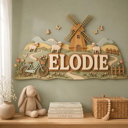 May include: A layered wooden wall sign featuring the name ELODIE in large letters, surrounded by a landscape scene with a windmill, three sheep, a bicycle with a flower basket, butterflies, rolling hills, and a wooden fence in muted tones.