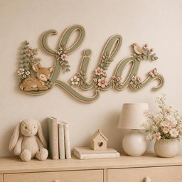 May include: A wall-mounted wooden sign featuring the name Lila in cursive script, decorated with layered sage green and beige tones, a small fawn, a bird, a butterfly, and various pink and white floral accents attached to the letters.