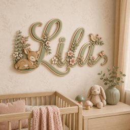 May include: A wall-mounted wooden sign displaying the name Lila in cursive script, featuring sage green lettering with layered outlines. The design is decorated with sculpted figures of a sleeping fawn, a small bird, flowers, and leaves in soft pink and green tones.